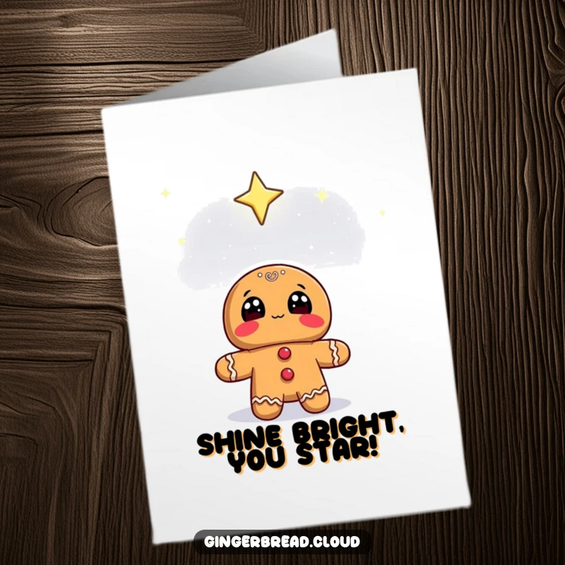 Funny Free Printable Congrats Card: Gingerbread character looking up with wide eyes at a starry sky, celebrating aspirations and wonder.