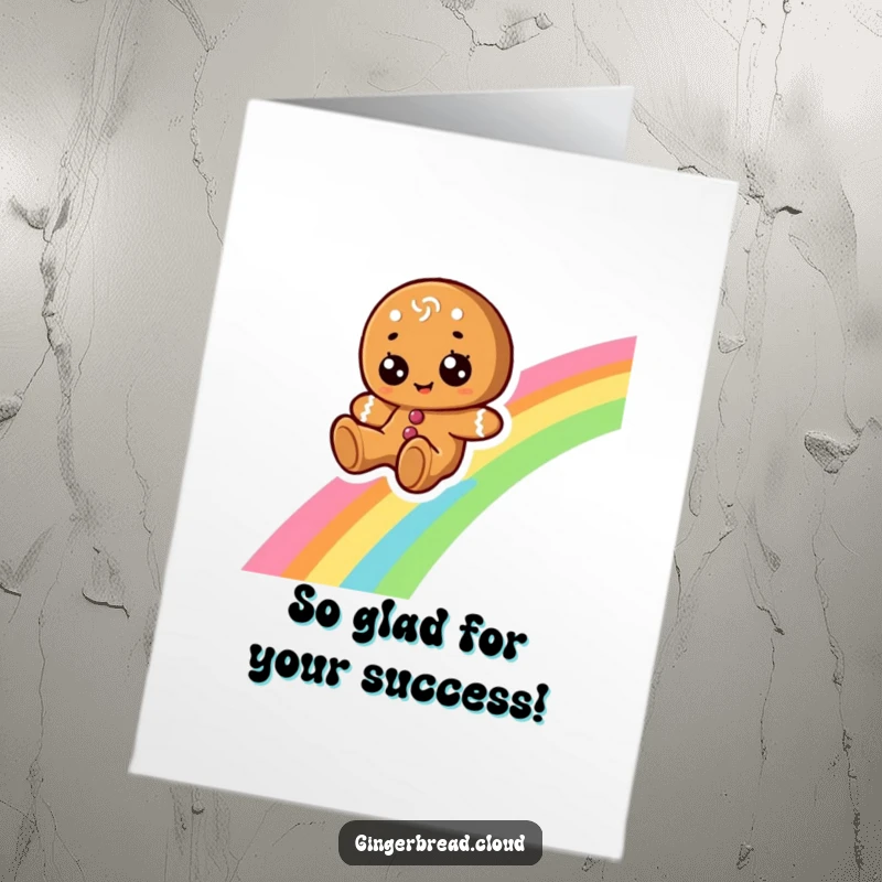 Funny free printable congratulations card: a gingerbread person with wide eyes gleefully sliding down a rainbow, celebrating a happy occasion.