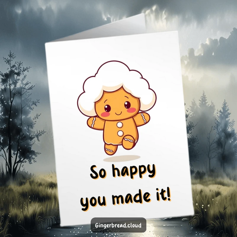 Funny Free Printable Congrats Card: A playful gingerbread cloud character energetically bouncing to celebrate.