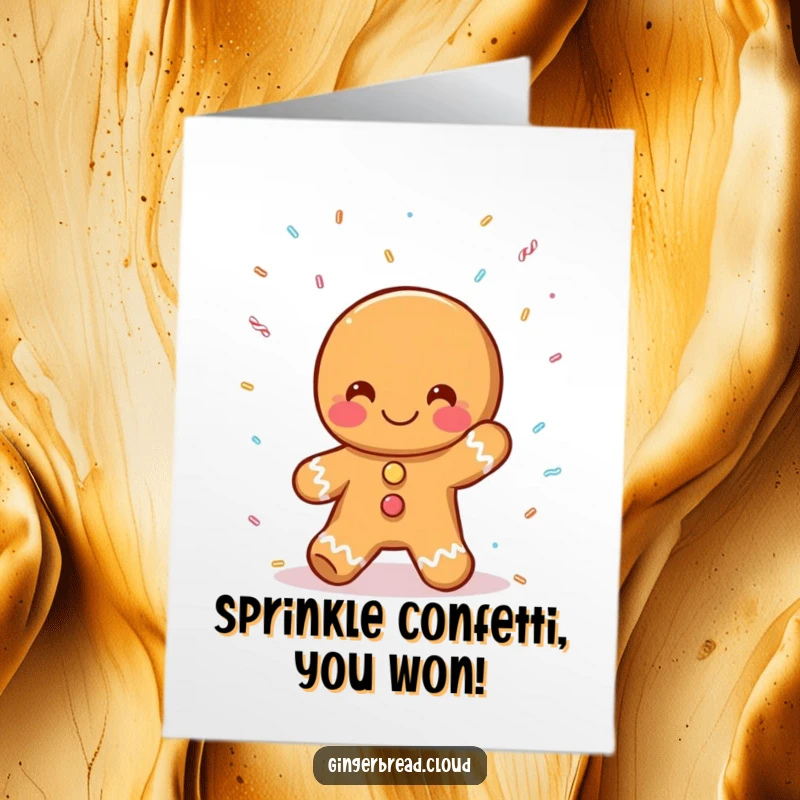 Funny Free Printable Congrats Card: A gingerbread chef enthusiastically catches falling rainbow sprinkles.