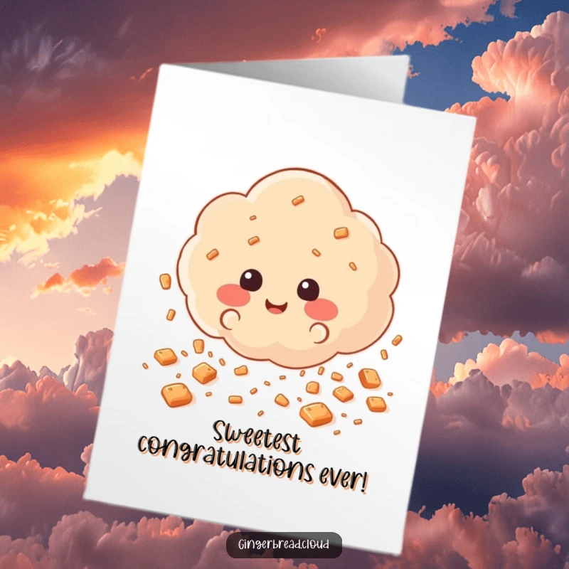 Funny free printable congratulations card of a cloud raining happy gingerbread cookie crumbs to celebrate.