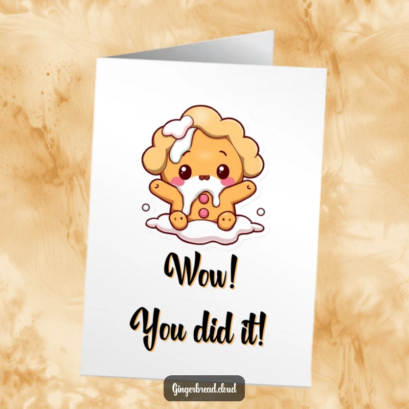 Funny Free Printable Congratulations Card: a cloud gingerbread person looking shocked as icing drips down.