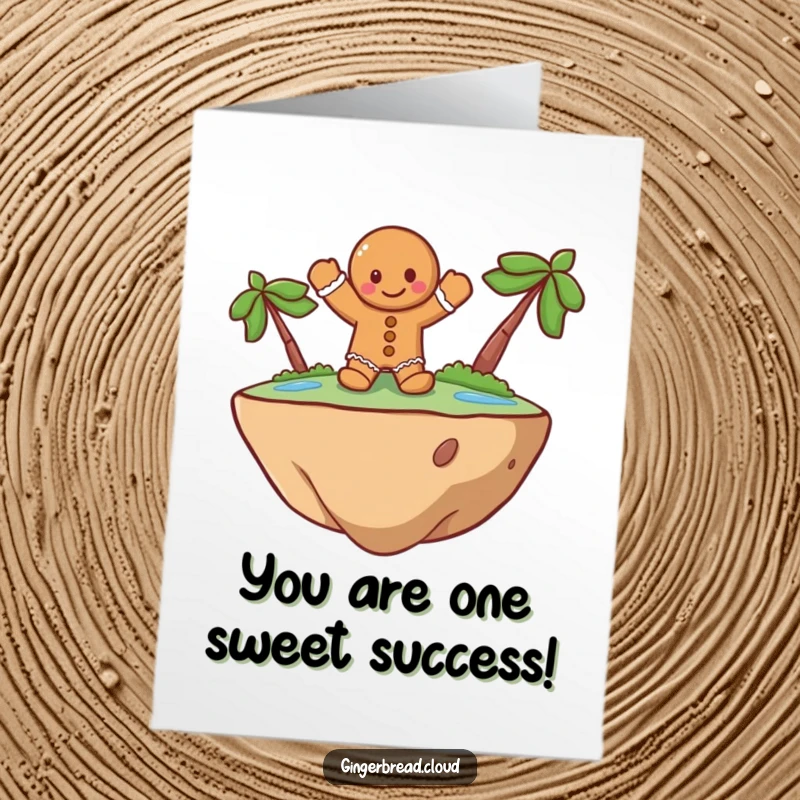 Funny free printable congratulations card showing a gingerbread man waving happily from a floating island to celebrate.