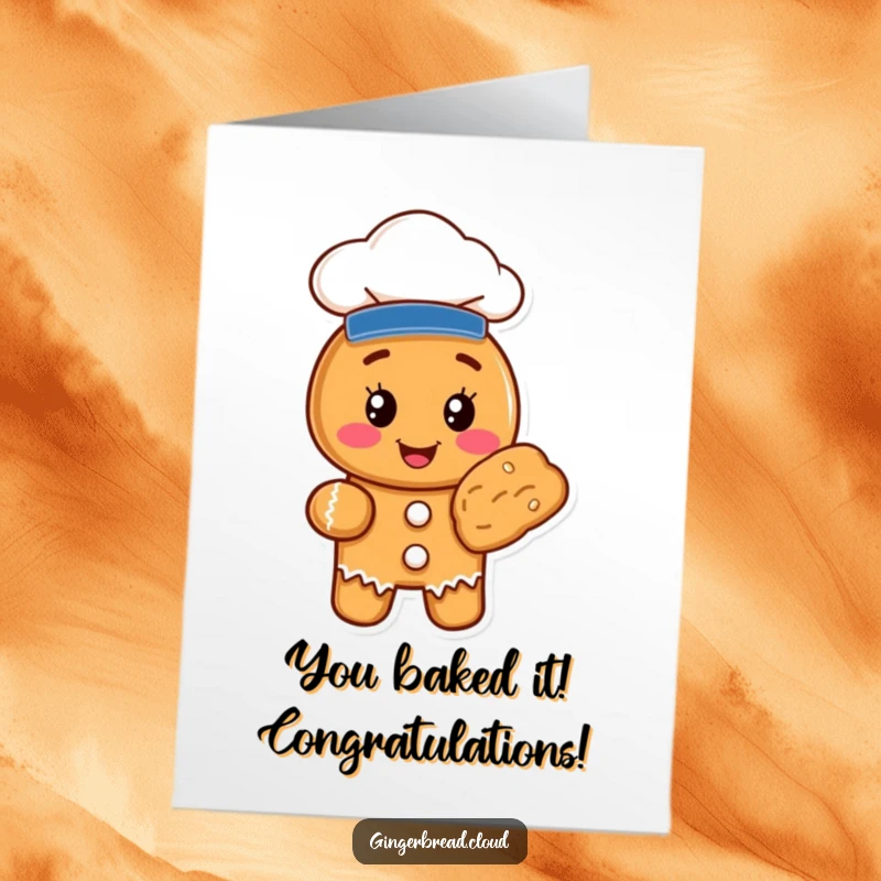 Funny Free Printable Congratulations Card showing a joyful gingerbread chef cookie presenting a delicious baked good with a chef hat.