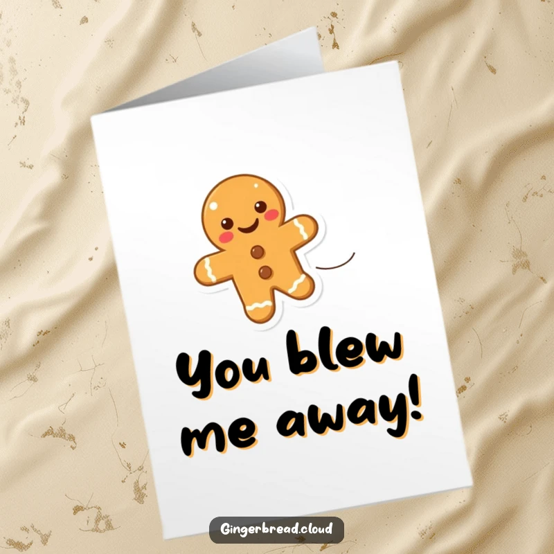 Funny Free Printable Congrats Card: A smiling gingerbread cookie floating upwards on wind, celebrating a fantastic achievement.