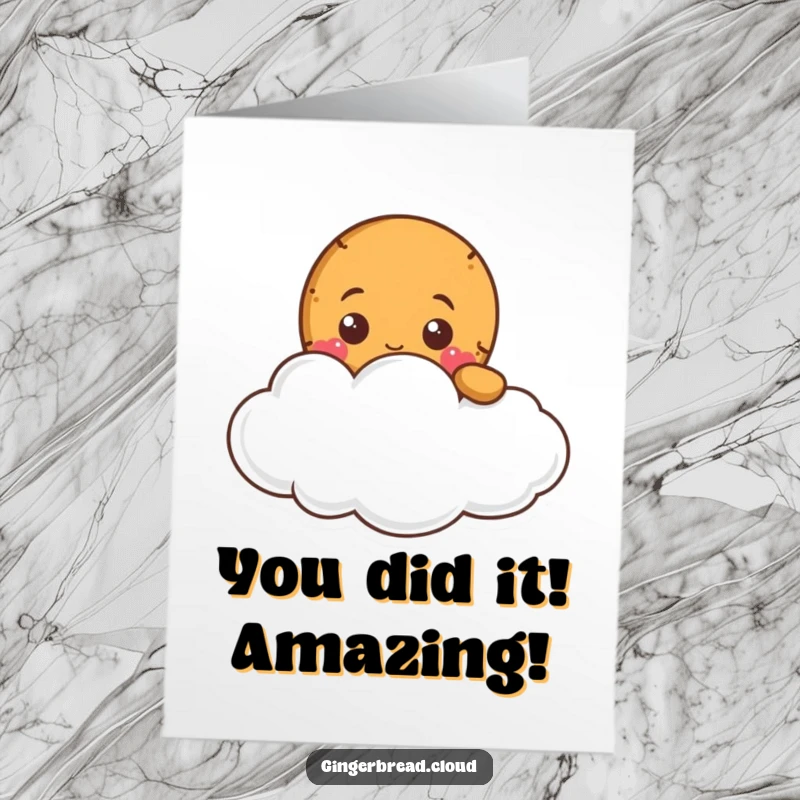 Funny Free Printable Congrats Card: Gingerbread character curiously peeking from behind a soft cloud, celebrating success with humor.