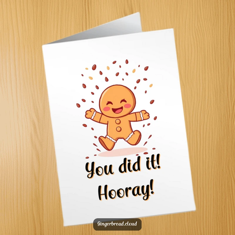 Funny Free Printable Congratulations Card featuring a cheerful gingerbread man mid-leap in chocolate sprinkle rain.