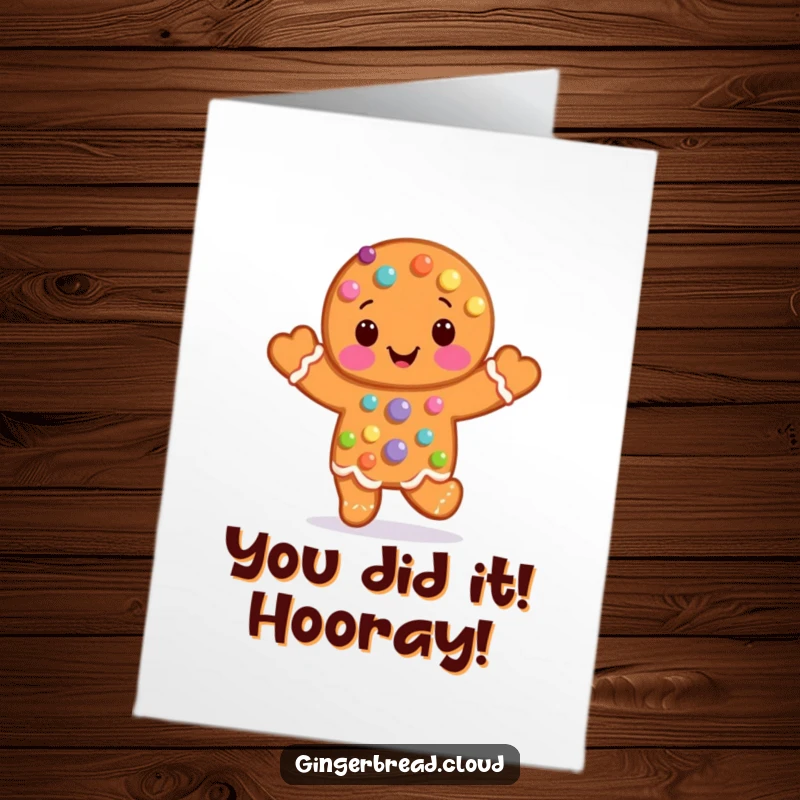 Free Printable congratulations card featuring a gingerbread man adorned with candy dots, joyfully hopping to celebrate.