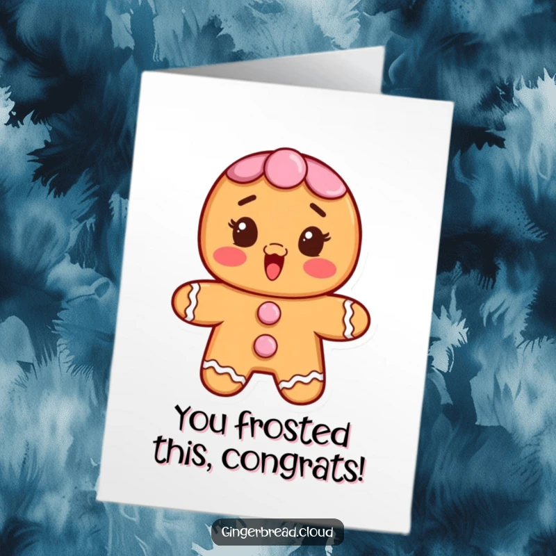 Funny free printable congratulations card showing a gingerbread character with frosting buttons, looking surprised and delighted by good news. A sweet surprise.
