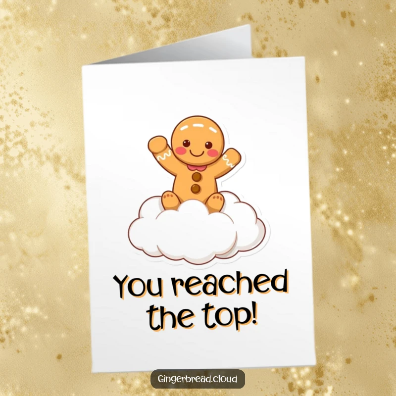 Funny Free Printable Congrats Card: A gingerbread person waving happily from a fluffy cloud, celebrating someone's success.