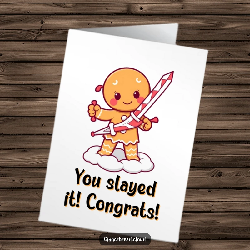 Funny free printable congratulations card: A fierce gingerbread person wielding a candy cane sword stands triumphant on a cloud.