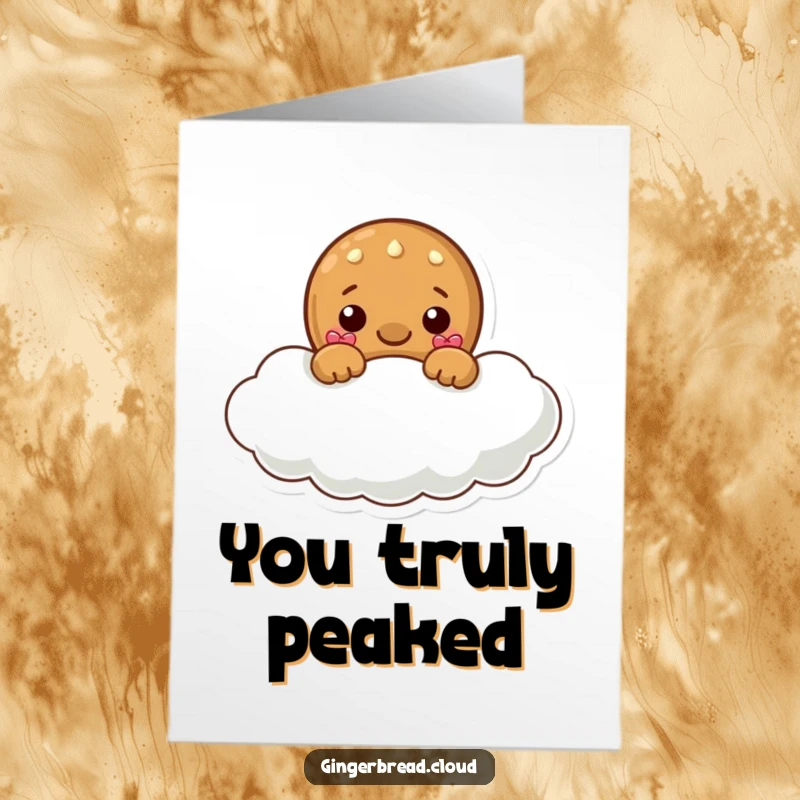 Free Printable Congratulations Card: A playful gingerbread character peeking from behind a soft, fluffy cloud.