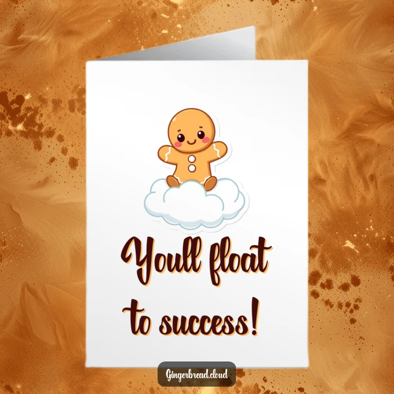 Funny Free Printable Congrats Card: a gingerbread character amusingly balancing on a cloud, celebrating a sweet success.