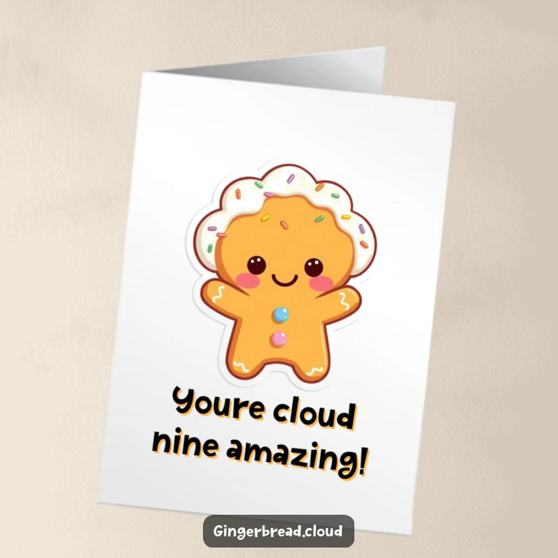 Funny Free Printable Congrats Card: A cheerful gingerbread cloud character showering congratulations with falling sprinkles.