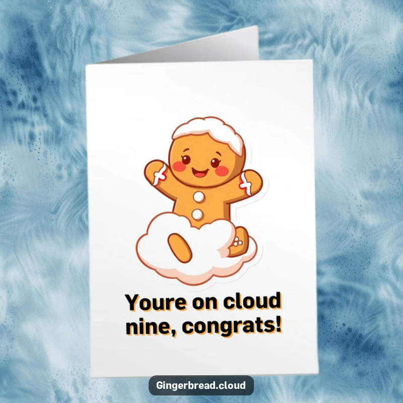 Funny Free Printable Congratulations Card: A smiling gingerbread man character with frosting joyfully jumping on a cloud.