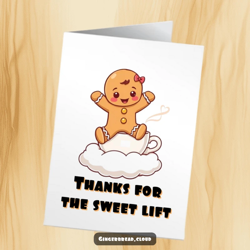 Funny Free Printable Thank You Card: Gingerbread boy leaping over a coffee cloud, offering a sweet thank you.