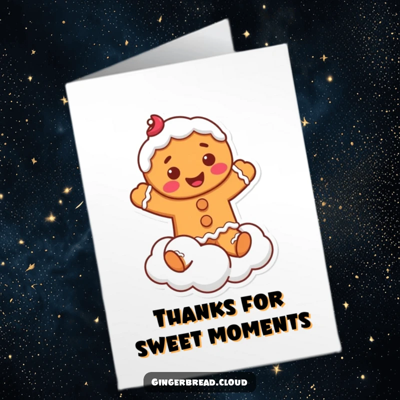 Sweet Free Printable Thank You Card: A smiling gingerbread man with icing jumps joyfully on a fluffy cloud.