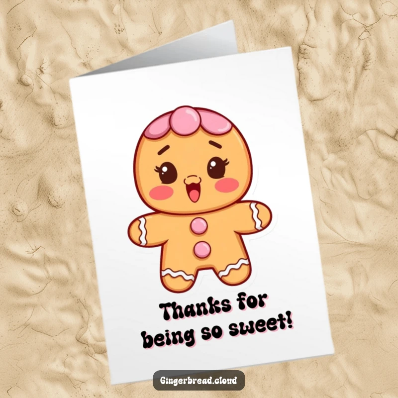 Funny free printable thank you card featuring a gingerbread character with frosting buttons, looking surprised and delighted. A sweet and humorous thank you.