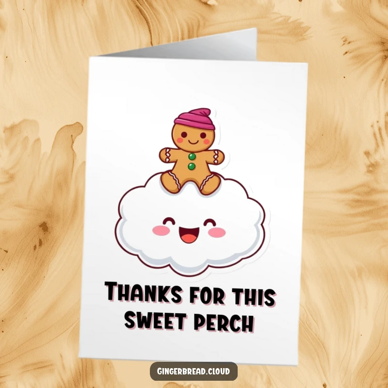 Funny free printable thank you card with a happy cloud character and a gingerbread man perched joyfully on its head.