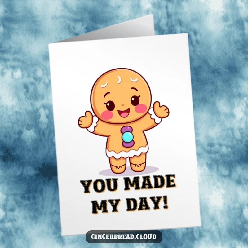 Funny Free Printable Thank You Card featuring a gingerbread person with candy buttons dancing merrily.
