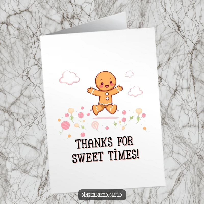 Funny Free Printable Thank You Card featuring a gingerbread person playfully skipping through a field of candy clouds.