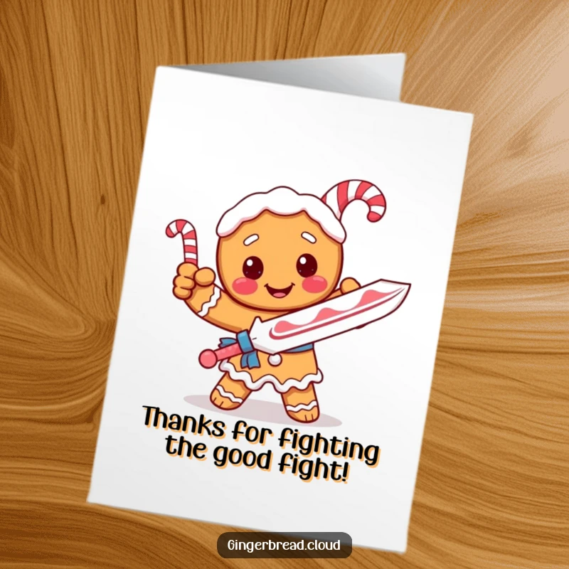 Funny Free Printable Thank You Card: Gingerbread character striking a pose with a candy cane sword, saying thanks.
