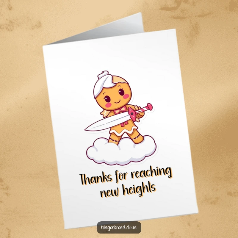 Funny free printable thank you card: a triumphant gingerbread warrior holding a candy cane sword, offering thanks from a cloud.