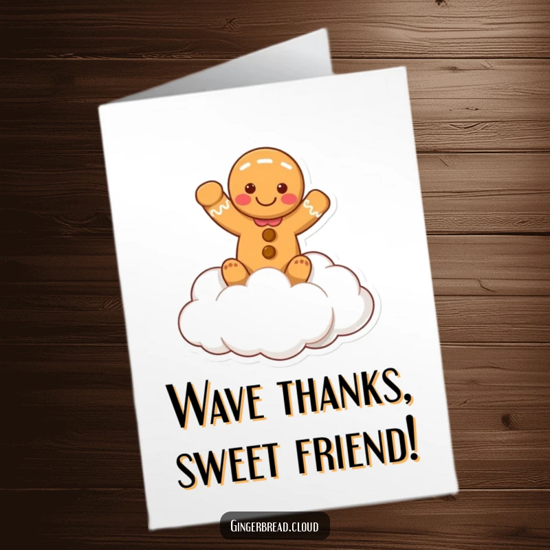 Funny Free Printable Thank You Card: A cheerful gingerbread person atop a cloud waving hello, expressing thanks warmly.