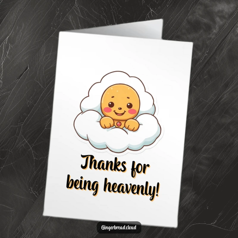 Funny Free Printable Thank You Card: Gingerbread character peeking from a cloud with a grateful grin.