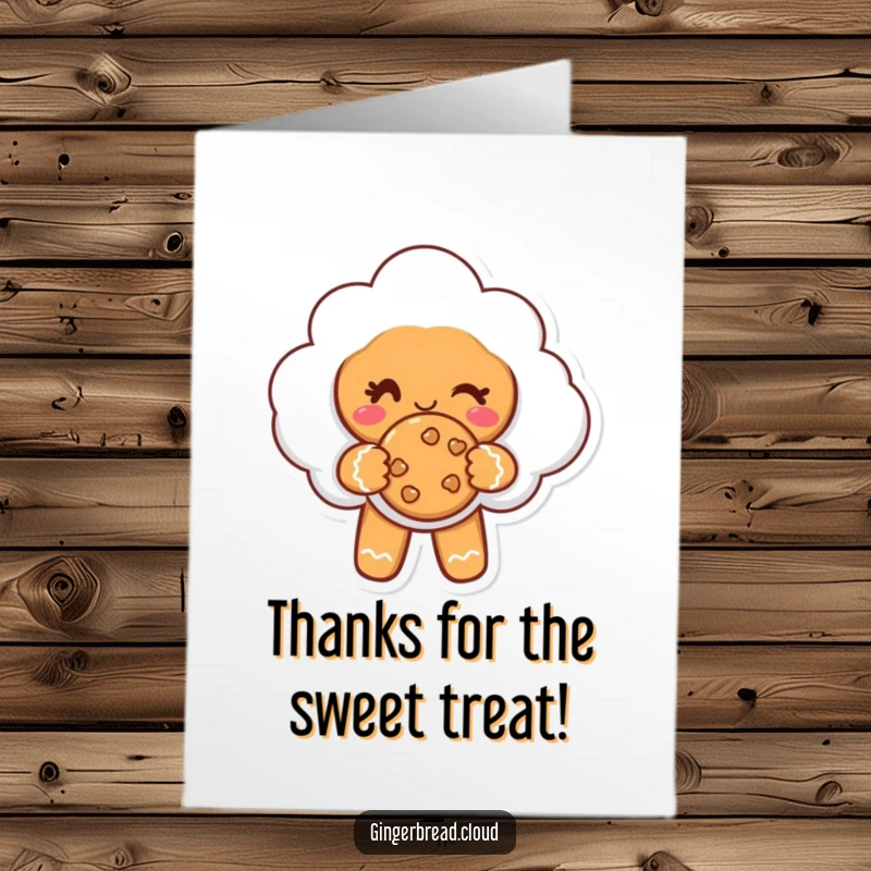 Funny Free Printable Thank You Card: A gingerbread cloud character winks conspiratorially while offering a cookie.