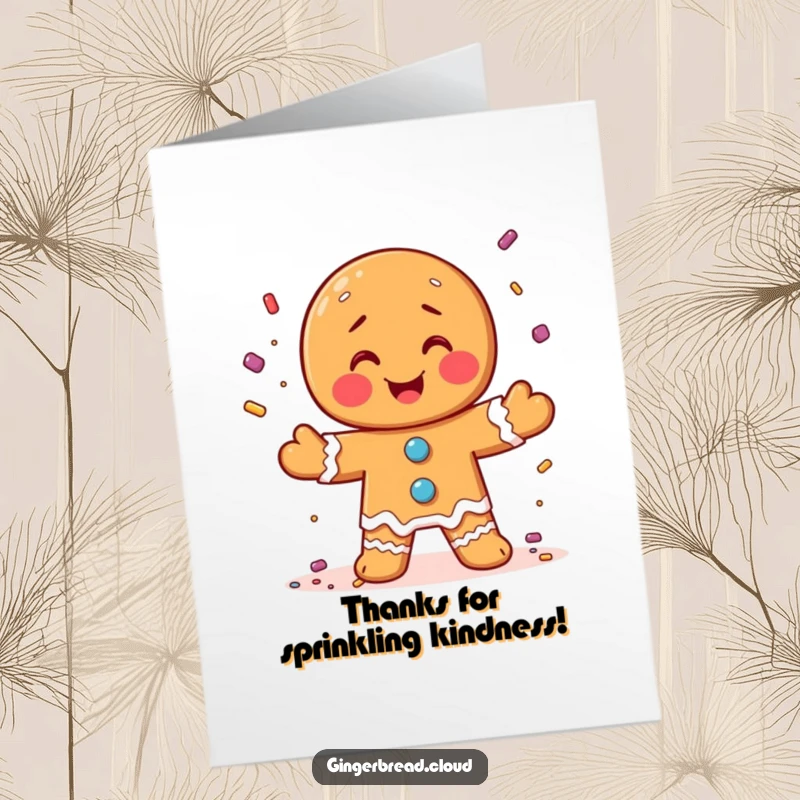Funny Free Printable Thank You Card: Gingerbread man joyfully juggling candy sprinkles, expressing thanks.