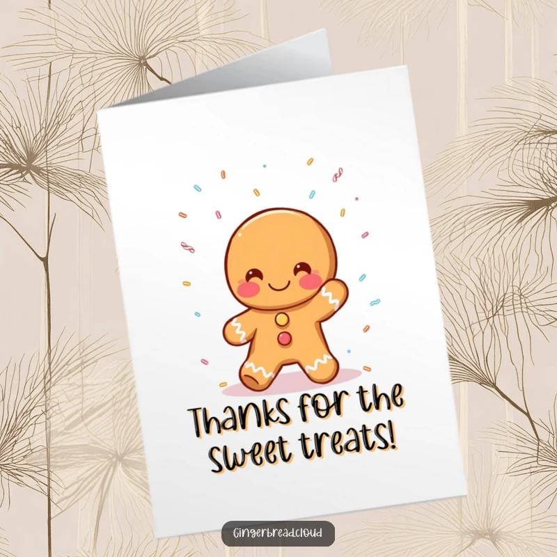 Funny Free Printable Thank You Card: A gingerbread character eagerly catches colorful sprinkles mid-air.