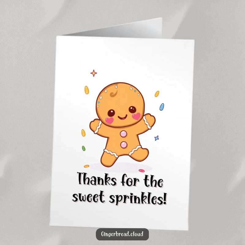 Funny Free Printable Thank You Card: A gingerbread person joyfully catches raindrops shaped like colorful sprinkles.