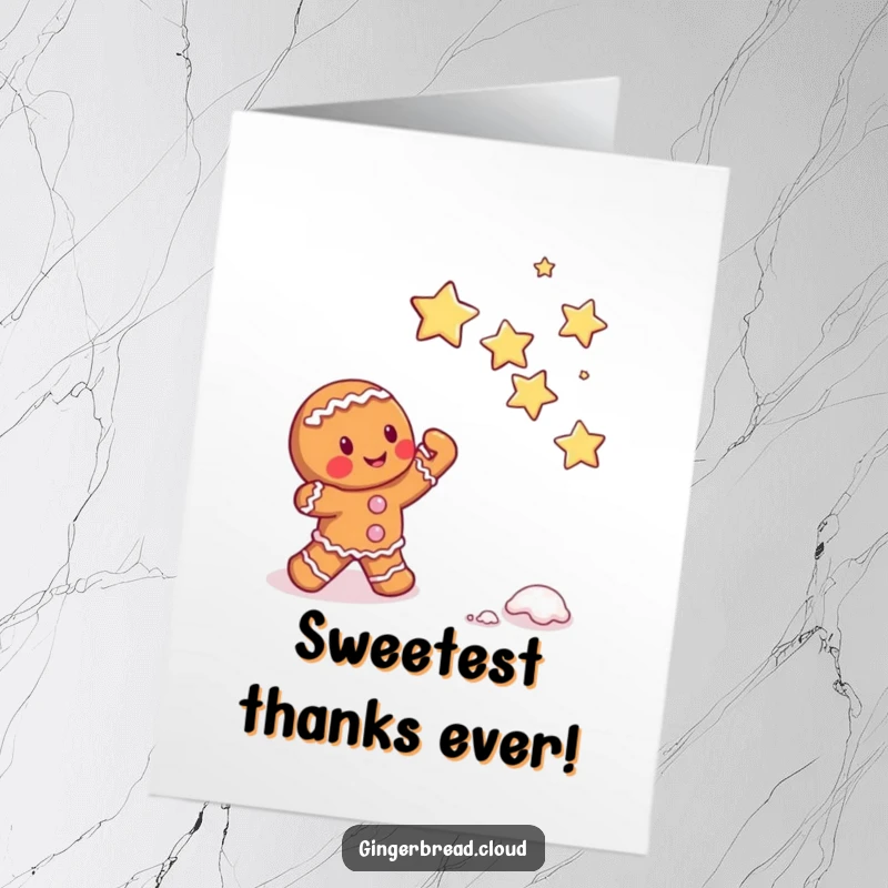 Funny Free Printable Thank You Card featuring a gingerbread character trying to catch falling sugar stars.