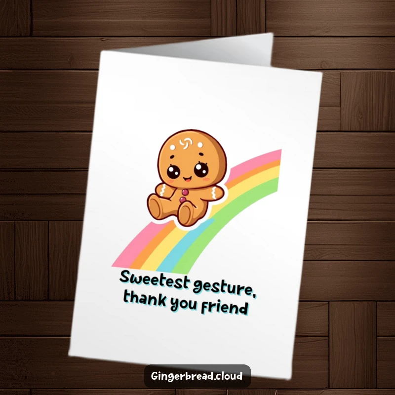Funny free printable thank you card: a gingerbread character with big eyes slides down a rainbow, spreading thanks and cheerful vibes.