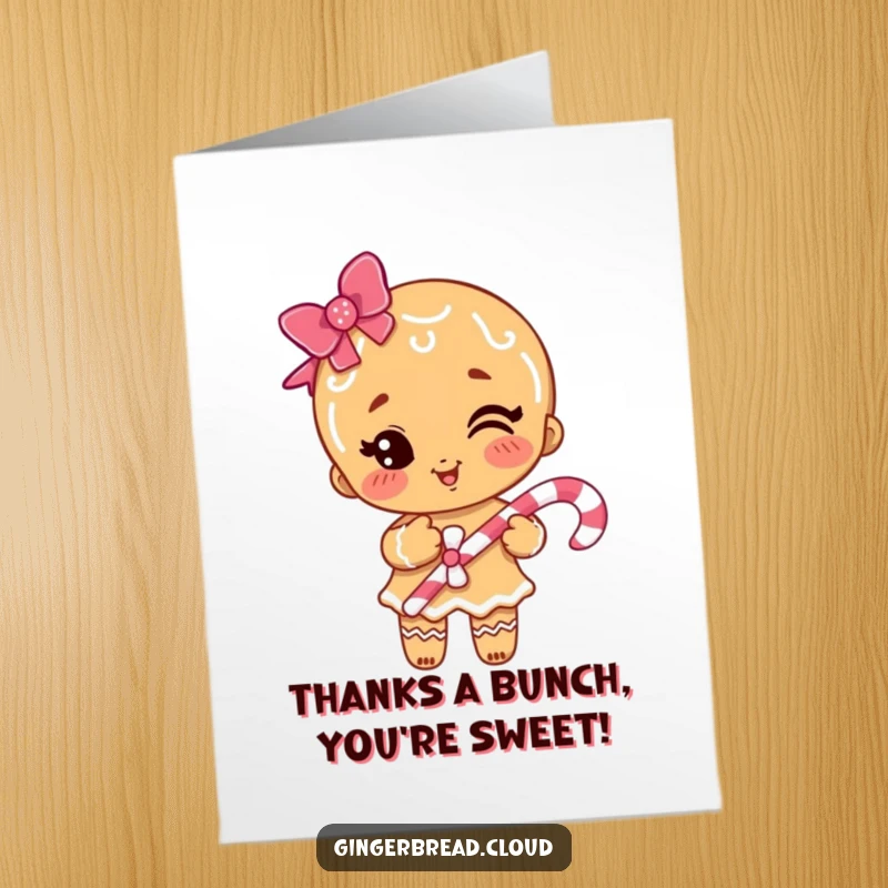 Funny Free Printable Thank You Card with a winking gingerbread girl holding a candy cane, a delightful way to say thanks.