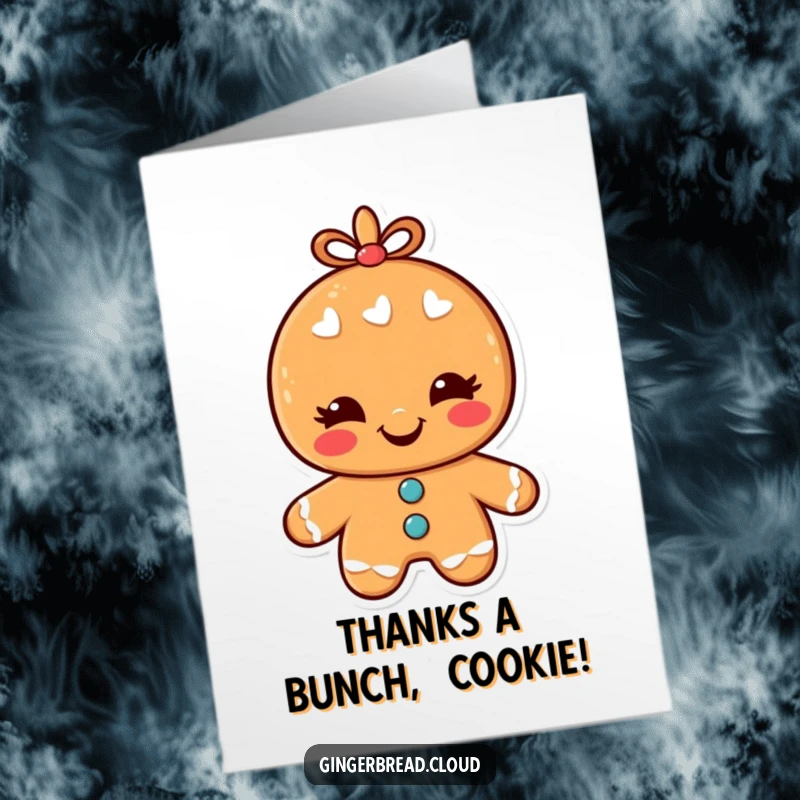 Funny Free Printable thank you card with a smiling gingerbread man giving a playful wink, ideal for expressing gratitude.