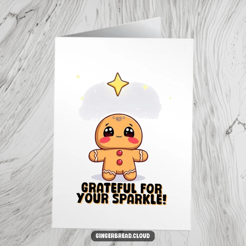 Funny Free Printable Thank You Card: Gingerbread character looking up with wide eyes at a starry sky, a sweet way to say thank you.