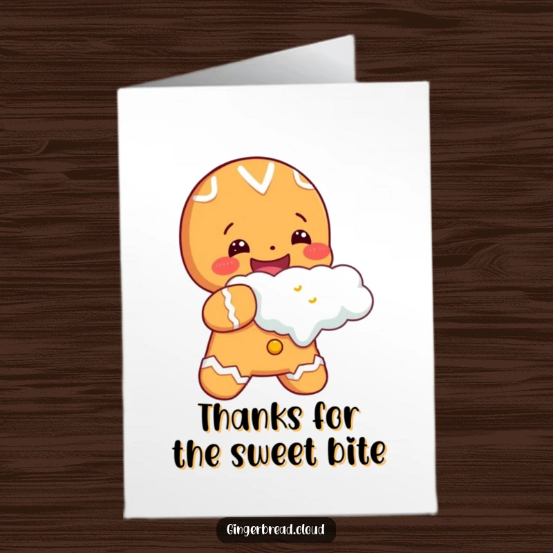 Sweet Free Printable Thank You Card: A cheerful gingerbread character happily taking a giant bite out of a soft cloud, conveying a delightful thank you.