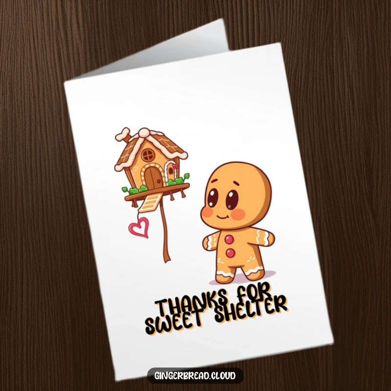 Sweet Free Printable Thank You Card: Gingerbread man with wide eyes looking up in awe at a charming gingerbread house floating by, conveying a grateful surprise.