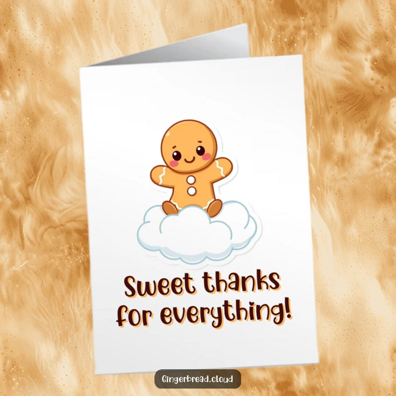 Funny Free Printable Thank You Card: a gingerbread character comically balancing on a cloud, expressing thankfulness with charm.