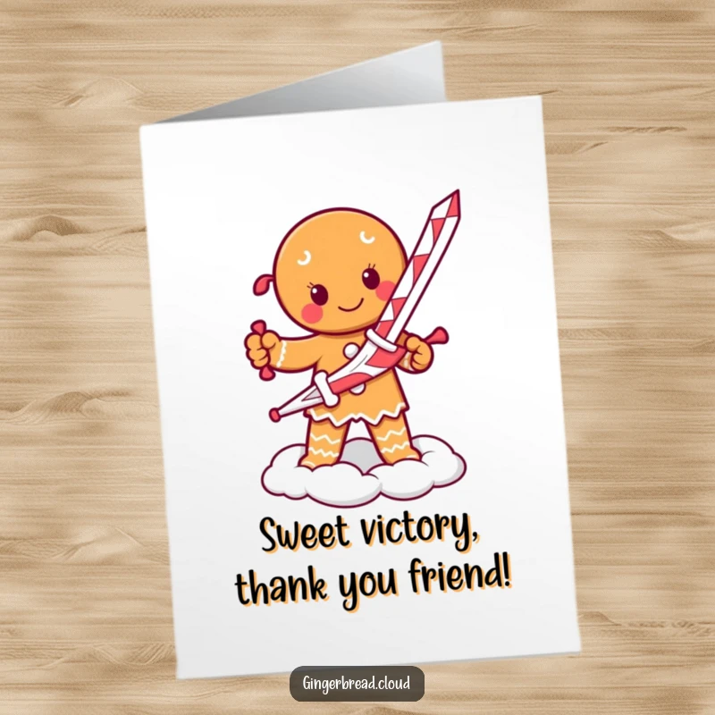 Funny free printable thank you card: A steadfast gingerbread person brandishes a candy cane sword, a cloud their valiant post.
