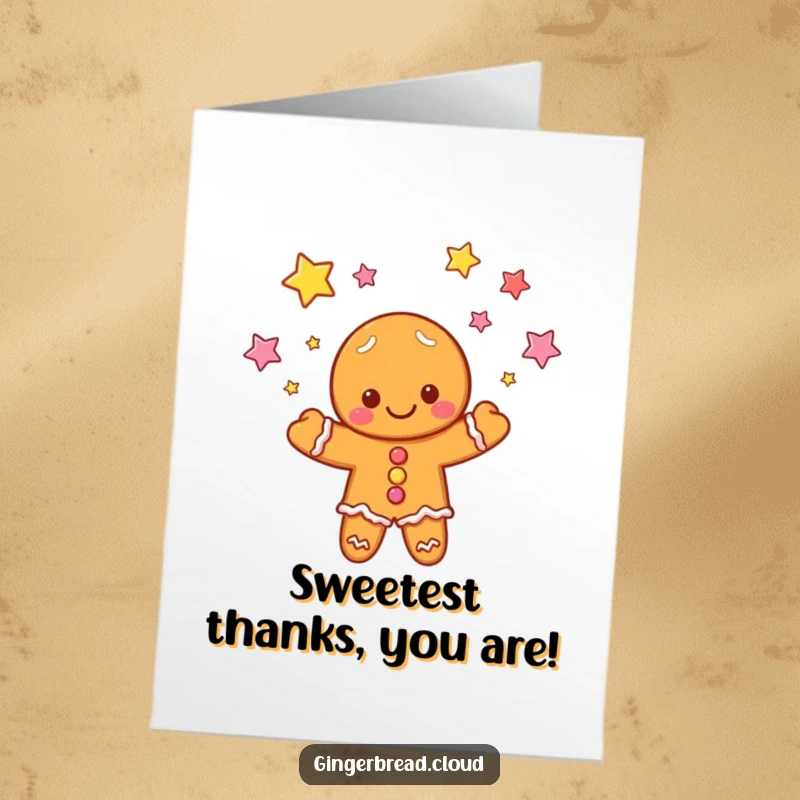 Funny Free Printable Thank You Card featuring a cloud gingerbread person skillfully juggling candy stars in thanks.