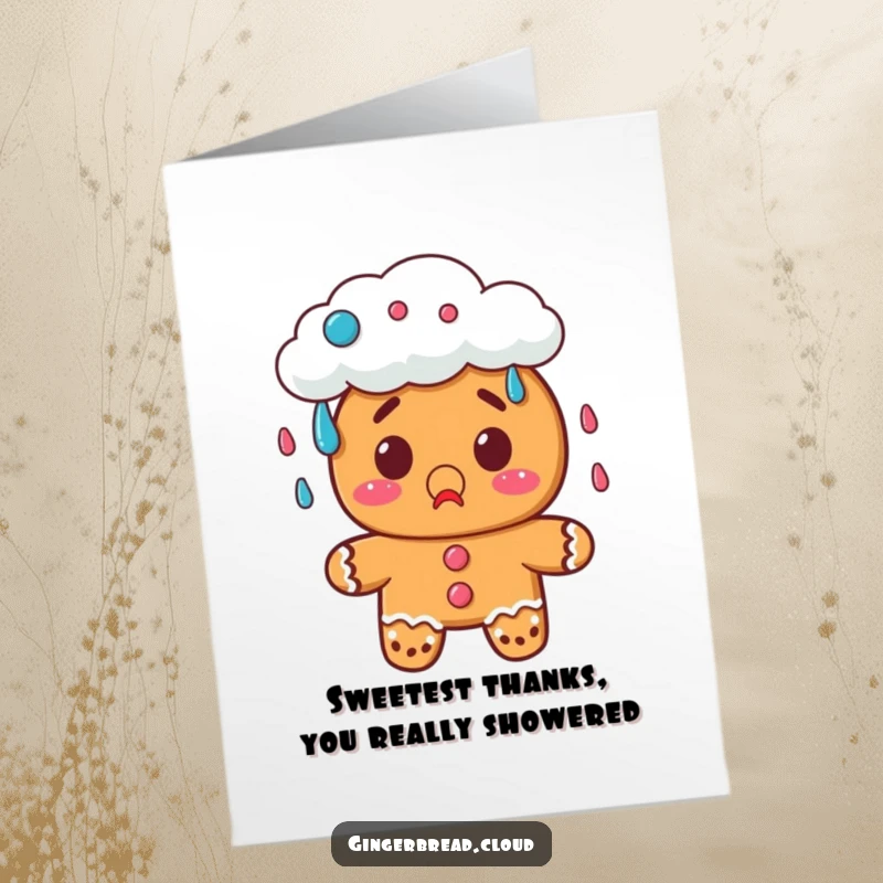 Funny Free Printable Thank You Card: A gingerbread cookie looks surprised as a cloud rains candy, offering thanks with wonder.