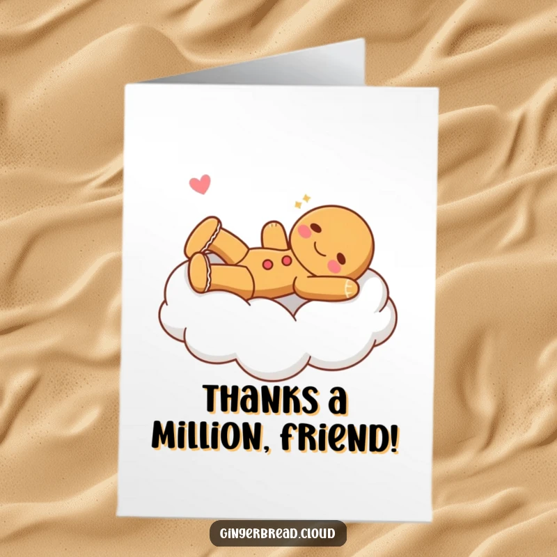 Funny Free Printable Thank You Card: Gingerbread character stretching joyfully on a fluffy cloud bed, a cozy way to say thank you.