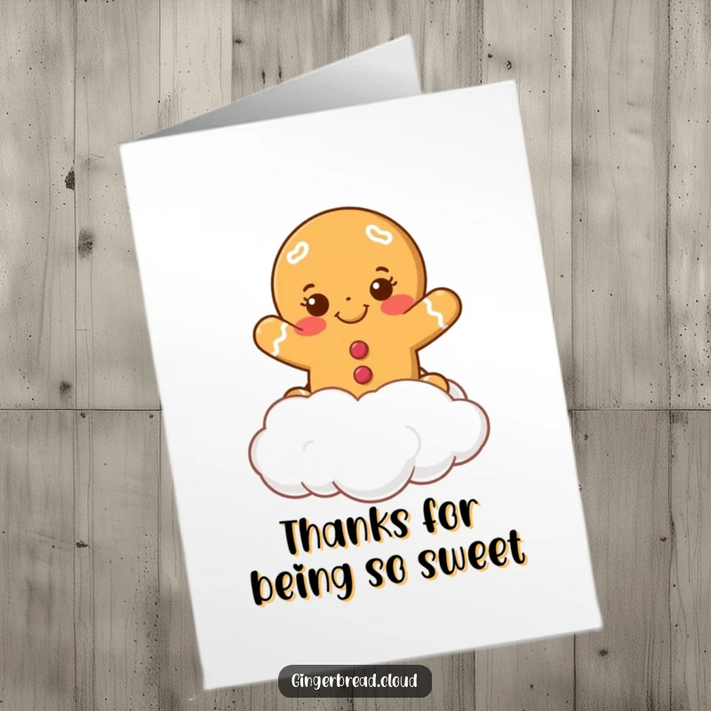 Funny Free Printable Thank You Card: Smiling gingerbread cookie leaping from a fluffy cloud, perfect for conveying sweet thanks.