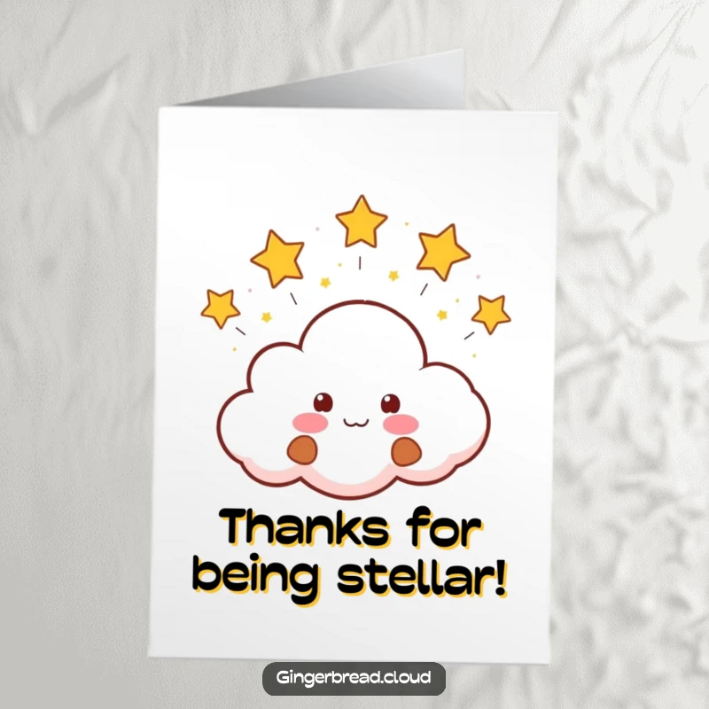 Funny Free Printable Thank You Card: a gingerbread cloud joyfully blowing little stars, expressing gratitude with cosmic charm.