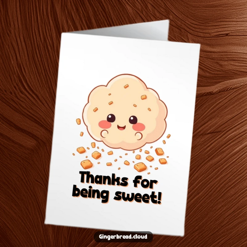 Funny free printable thank you card showing a cloud raining happy gingerbread cookie crumbs as a sweet gesture.