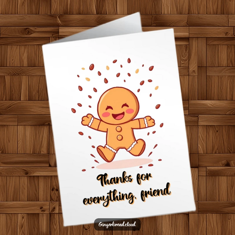 Funny Free Printable Thank You Card showing a happy gingerbread man jumping through chocolate sprinkles.