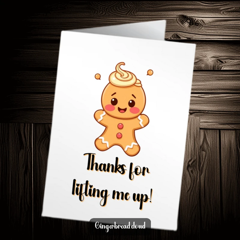 Funny Free Printable Thank You Card: A happy gingerbread person with icing swirls floating serenely upwards.